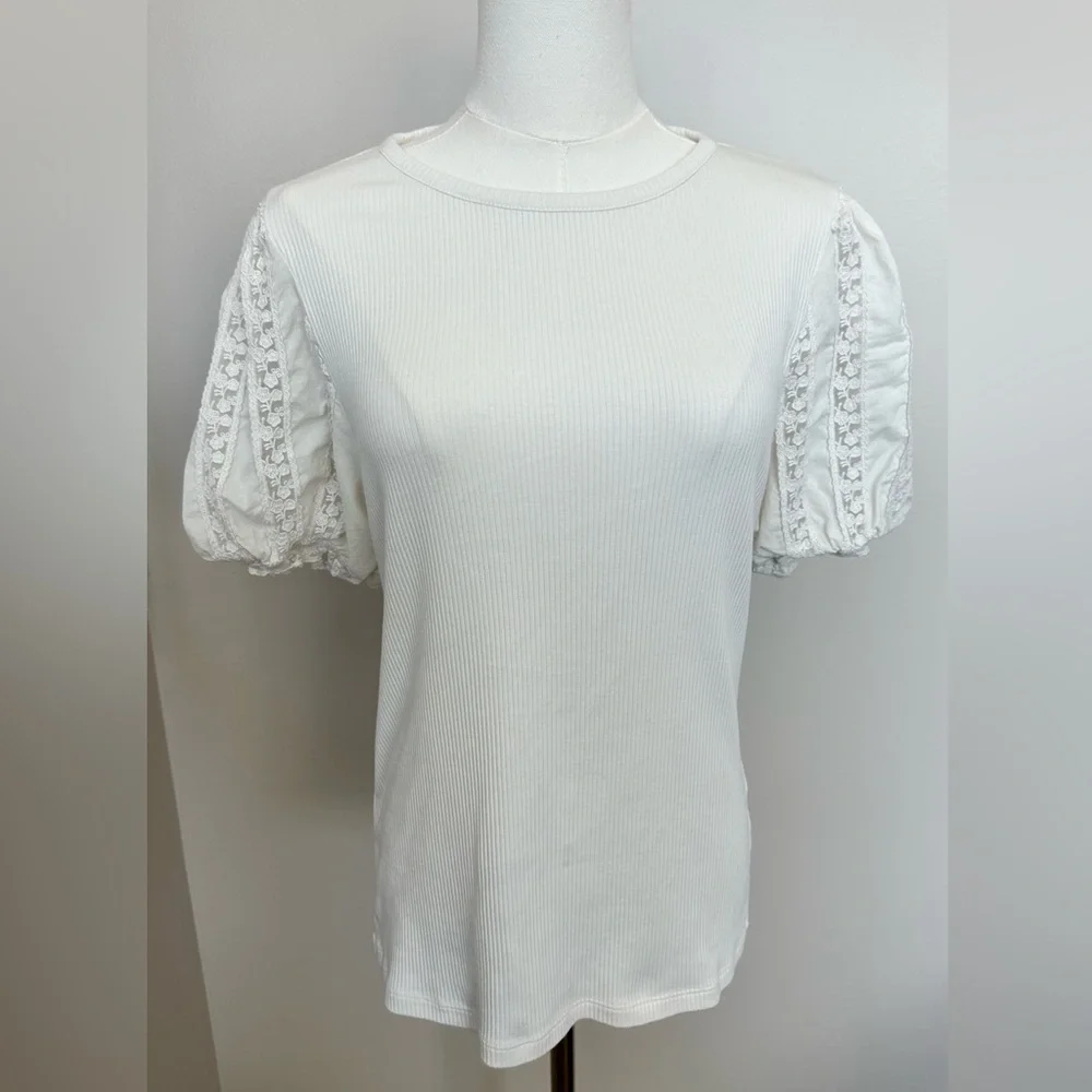 J.Crew Ribbed Lace Puff Sleeve Top - Size Large